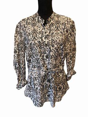 Merona Medium Neutral Ikat Print Blouse Mandarin Collar Roll Tab Sleeve Shacket